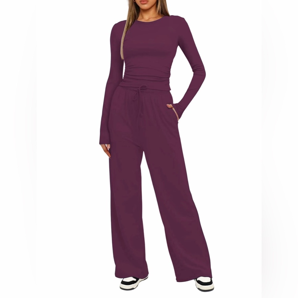 Rose Red Loungewear Set Rushed Top + High Waist Wide Leg Pants New Boutique - Picture 2 of 5